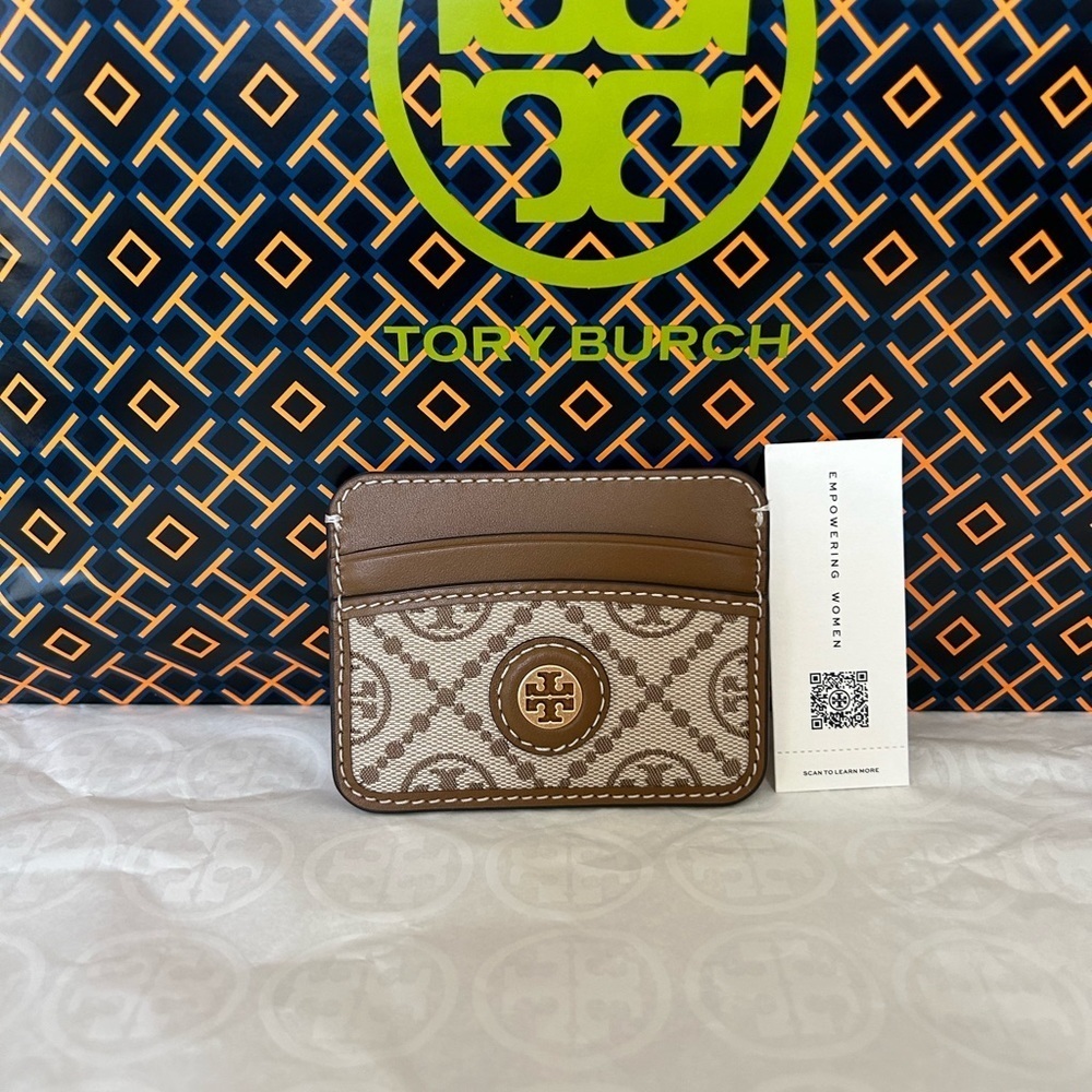 Tory Burch T Monogram Jacquard Card Case Hazelnut Gold Tan Brown
